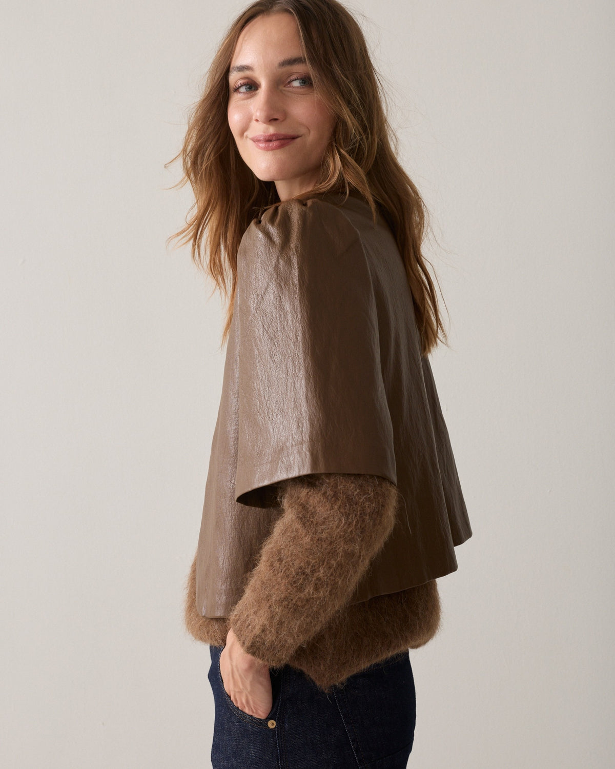Puff sleeve top faux leather