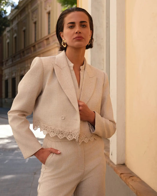 2-delige set met kanten detail | beige